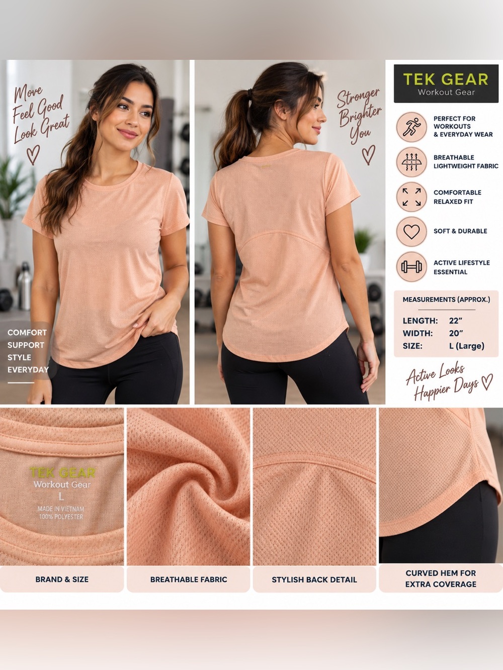 Tek Gear Women’s Large Peach Short Sleeve Workout Athletic Top Curved Hem
